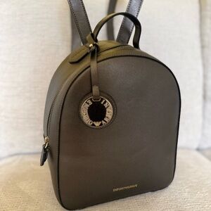 Emporio Armani Olive Green Leather Backpack Circle Logo Charm